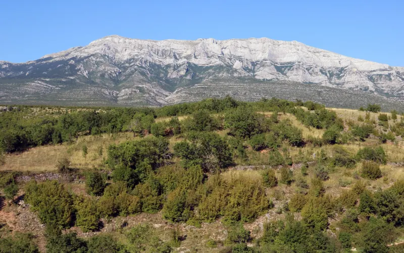 The long grey ridge of the Dinara massif above the karst plateau