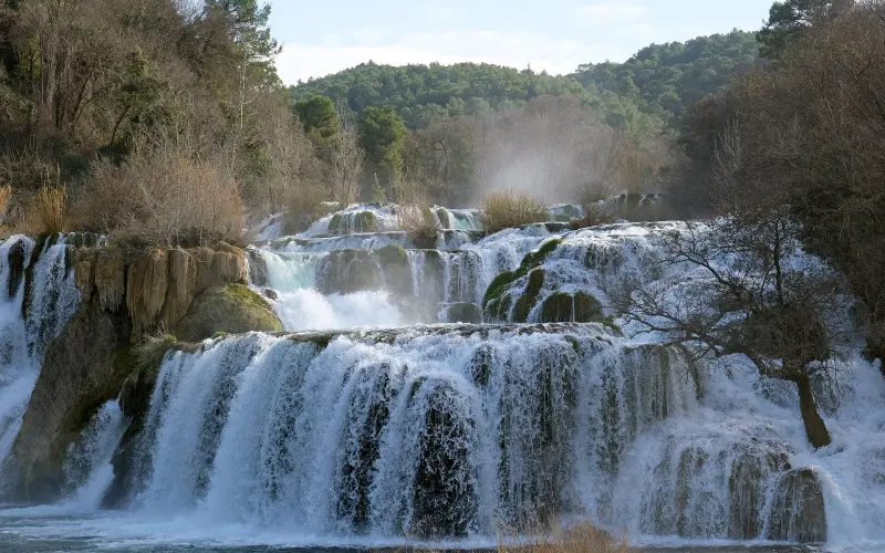 Water falling over the travertine steps of Skradinski Buk waterfall