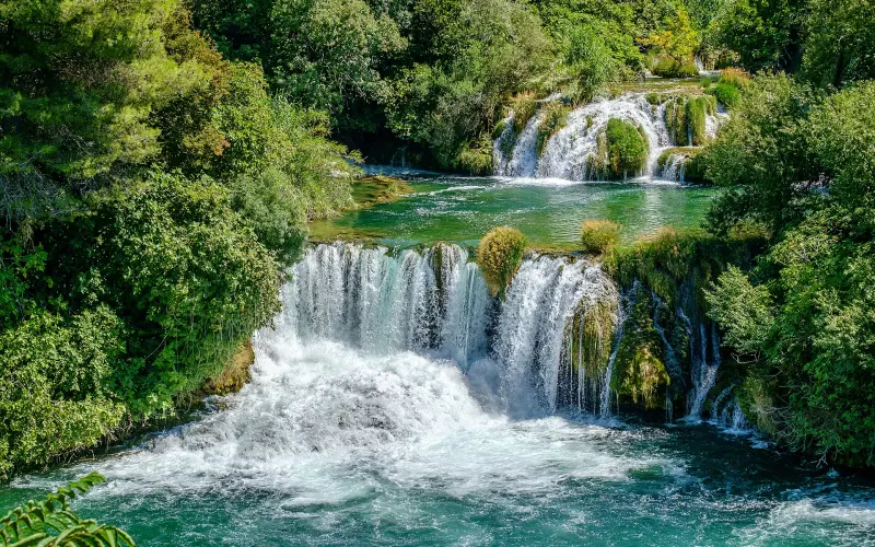 Wide green cascades of Skradinski Buk waterfall in Krka National Park